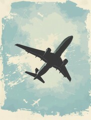 Poster - A minimalist silhouette of a plane flying against a blue sky with subtle clouds, perfect for aviation and travel marketing. Generative AI