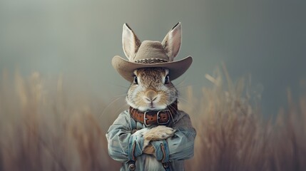 Adorable Rabbit Wearing Cowboy Hat in Countryside Meadow