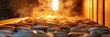 © Elmira - A close up photograph of hot sauna stones inside a traditional sauna oven with steam rising from the stones, highlighting the intense heat