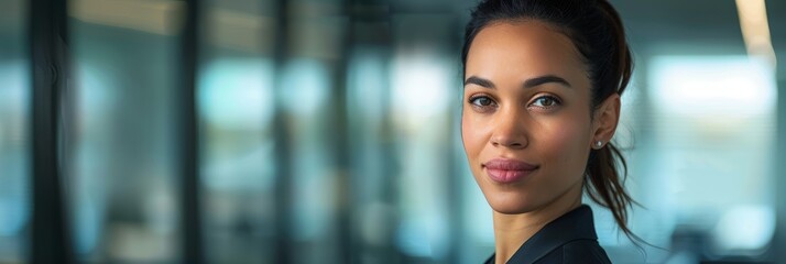 Wall Mural - A close-up portrait of a professional businesswoman standing in a modern office setting, exuding confidence and poise