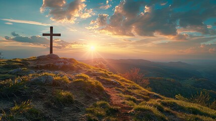 Serene landscape with a cross on a hilltop at sunrise, symbolizing hope and faith. Ideal for religious events and spiritual gatherings.