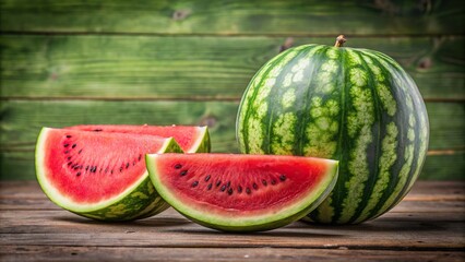 Wall Mural - Ripe watermelon whole and sliced on display, watermelon, fruit, summer, juicy, red, green, refreshing, food, slices, fresh