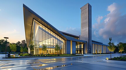 Modern church exterior with sleek architecture, reflecting contemporary faith communities and activities.