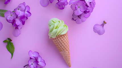 Wall Mural - Purple flowers and green icecream cone on pink background Flat lay : Generative AI