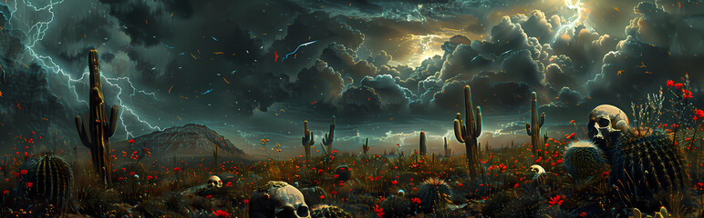 Wall Mural - a field of black flowers and black cacti with emerging skulls, dramatic sky with dark clouds and lightning