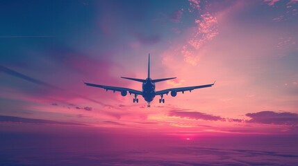 Poster - A minimalistic silhouette of an airplane in flight against a stunning pink and purple sunset sky. Perfect for airlines and flight booking agencies. Generative AI