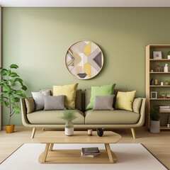 Wall Mural - Modern living room interior with green walls sofa coffee table plants and decorations