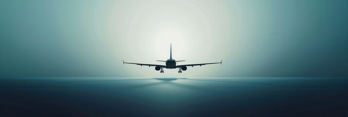 Poster - A minimalistic silhouette of an airplane in flight against a hazy blue sky. Generative AI