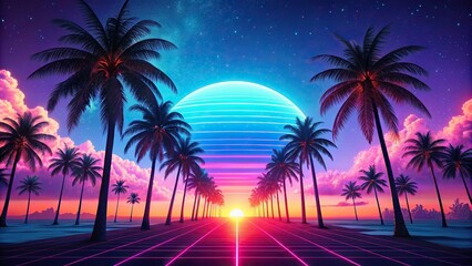 Wall Mural - Vaporwave inspired night sky with futuristic neon colors and palm tree silhouettes, vaporwave, night time, sky, neon