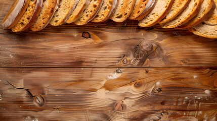 Canvas Print - Bread bakery background top food view fresh white wheat loaf. Background food flour bakery top bread slice pastry brown breakfast bake organic cut table french grain baguette board wood whole wooden.