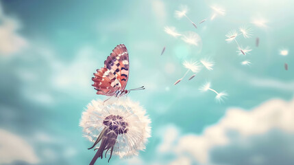 Aufkleber - Natural pastel background Morpho butterfly and dandelion Seeds of a dandelion flower on a background of blue sky with clouds Copy spaces : Generative AI