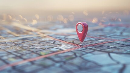 A close-up shot of a red location pin on a modern, detailed map. The image is sleek and minimalist, ideal for navigation apps and travel services. Generative AI