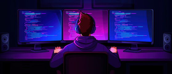 Wall Mural - A man is sitting in front of three computer monitors