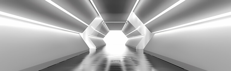 Wall Mural - White background 3D room light abstract space technology tunnel stage floor. Empty white future 3D neon background studio futuristic corridor render modern interior silver road black wall design gray