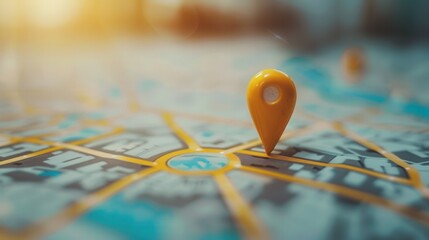 Fototapete - A close-up of a yellow location pin placed on a city map, signifying a destination or point of interest. The image features a minimalist and sleek design. Generative AI
