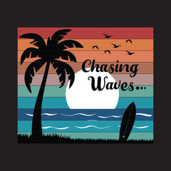 Wall Mural - Chasing Waves Tropical sunset T-Shirt Design Template