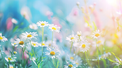 Aufkleber - A beautiful sundrenched spring summer meadow Natural colorful panoramic landscape with many wild flowers of daisies against blue sky A frame with soft selective focus : Generative AI
