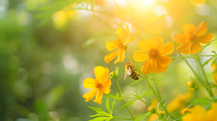 Aufkleber - View of honey bee and yellow Cosmos flower on blurred green leaf background under sunlight with copy space using as background natural flora insect ecology cover page concept : Generative AI