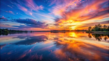 Wall Mural - A serene sunset over a calm lake reflecting the colorful sky, sunset, background, nature, peaceful, tranquil, evening, dusk, twilight