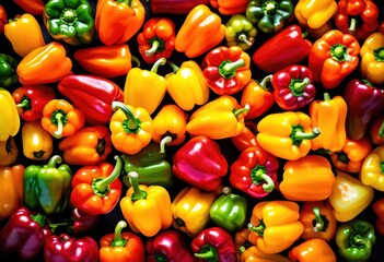 Wall Mural - vibrant bell pepper composition array colors, colorful, arrangement, food, fresh, organic, vegetables, red, yellow, green, orange, purple, kitchen, cooking