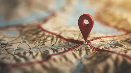 Aufkleber - A close-up image of a red location pin placed on a detailed map with roads. The image has a minimalistic and sleek design, perfect for navigation apps and travel services. Generative AI