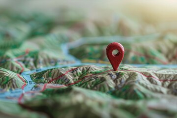 Poster - Sleek and modern image with red location pin on map and green hills. Ideal for navigation apps and travel services. Generative AI