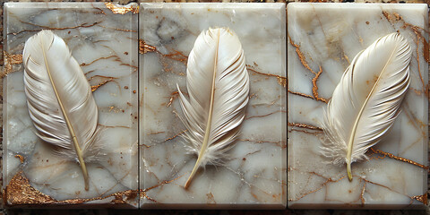 Wall Mural - panel wall art, wall decoration, marble background with feather designs