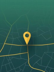 A minimalistic and sleek image featuring a yellow location pin on a green map background, perfect for navigation apps and travel services. Generative AI