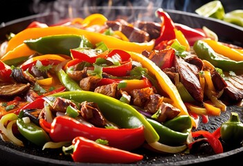 Wall Mural - vibrant sizzling fajitas colorful peppers hot plate, steam, smoke, sizzle, aroma, traditional, culinary, mexican, cuisine, cooking, kitchen, restaurant