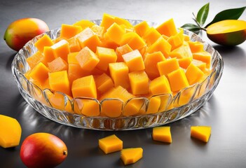 Wall Mural - vibrant frozen mango chunks arranged clear glass dish freshness colorful display, arrangement, tropical, juicy, ripe, sweet, delicious, fruity, dessert, food