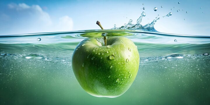 close-up of a refreshing green apple submerged in crystal clear water , organic, fresh, healthy, fru