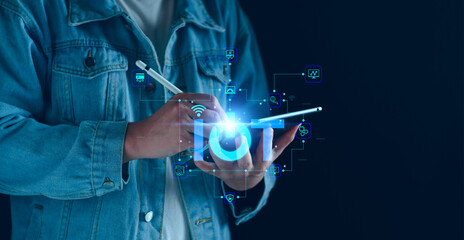 Wall Mural - iot, internet of thing concept, business man touching iot internet of thing icon on virtual screen, 