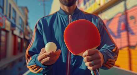 A man wearing a blue tracksuit plays table tennis with an orange racket and a white ball on a light blue background, holding the racket and close-up, tracksuit concept