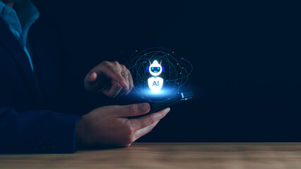 Wall Mural - ai, artificial intelligence for business technology on smartphone concept. business man using ai tec
