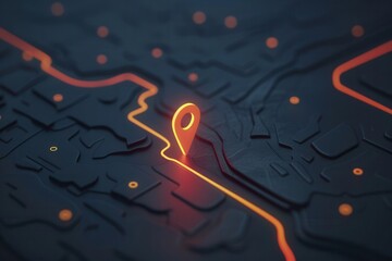 Fototapete - A sleek, minimalistic image featuring a glowing location pin on a black map with orange lines. Perfect for navigation apps and travel services. Generative AI