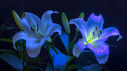 Wall Mural - Composition of two white Lilium flowers illuminated by black light sources UV light : Generative AI