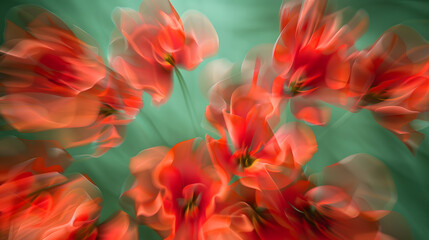 Fototapete - Whirling abstract pattern of red flowers with a blurred motion effect against a green background : Generative AI