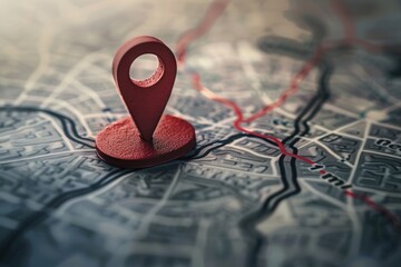 Aufkleber - A close-up of a red location pin placed on a modern map with a red route. Minimalist and sleek, perfect for navigation apps and travel services. Generative AI