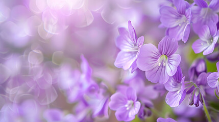 Wall Mural - Beautiful tender spring violet white flowers in nature outdoors in form of ultra wide banner format panorama : Generative AI