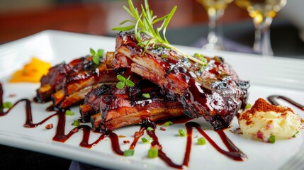 Wall Mural - A gourmet presentation of grilled pork ribs with garnishes and artistic sauce drizzle
