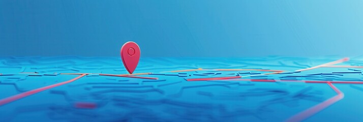 Poster - A clean and modern illustration of a red location pin on a stylized blue map, perfect for navigation apps or travel services. Generative AI