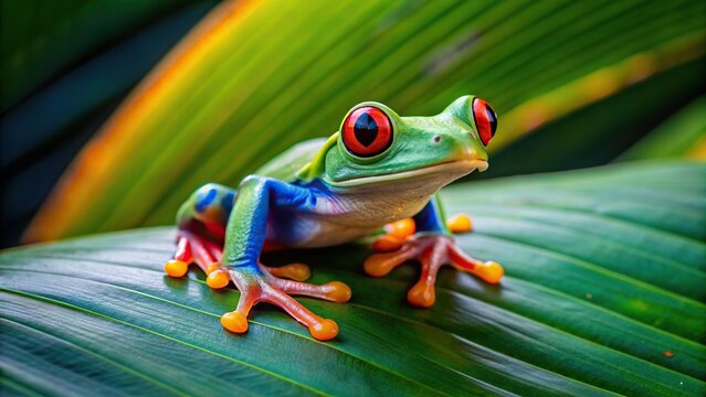 Colorful tree frog sitting on a tropical leaf, tree frog, amphibian, wildlife, rainforest, colorful, exotic, tropical, camouflage