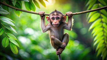 Wall Mural - A cute monkey hanging from a branch in the jungle, monkey, tree, cute, adorable, wildlife, nature, animal, jungle, swinging