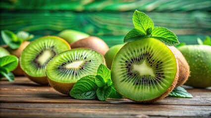 Juicy green fruit with refreshing kiwi slices , healthy, nutrition, ripe, vibrant, organic, tropical, exotic, juicy