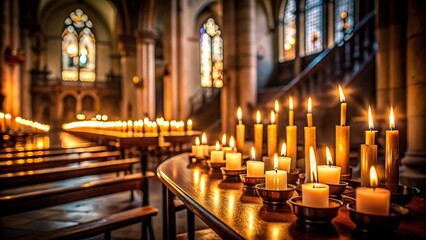 Candles burning in a dimly lit church , flame, light, spirituality, religion, faith, wax, flicker, ambiance, religious