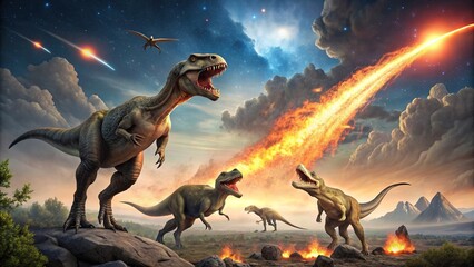 Dinosaurs witnessing asteroid impact leading to extinction, prehistoric, creatures, herd, asteroid, extinction