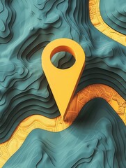 Fototapete - A minimal and sleek depiction of a yellow location pin on an abstract topographical map featuring teal and yellow hues. Ideal for navigation apps and travel services. Generative AI