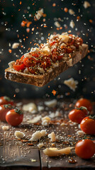 Wall Mural - A tomato and cheese toast floating in the air, made with fresh ingredients