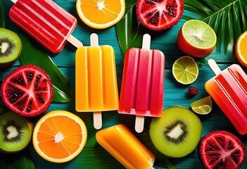 Wall Mural - colorful tropical leaves background array fruit popsicles, vibrant, juicy, sweet, frozen, dessert, refreshing, summer, snack, assorted, variety, appetizing