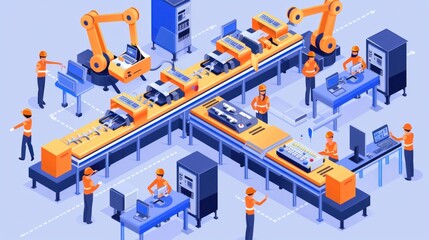 Wall Mural - Vector illustration of an isometric factory with an automated mechanized conveyor line Shows industrial robotic conveyor production line with plant workers in an electronic factory